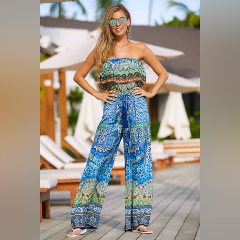 Shahida Parides Strapless Blue Crystal Print Wide Leg Jumpsuit